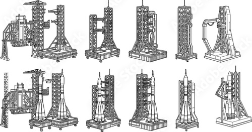 rocket launch tower engineering set, space shuttle launch pad structures aerospace technology vector illustration collection