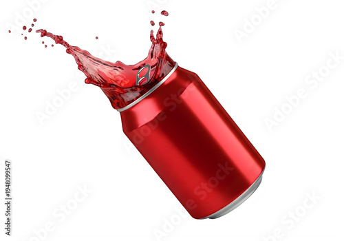 A red soda can with liquid pouring out isolated on transparent background