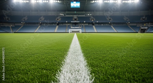 Empty soccer stadium field with bright lights and a clear center line view isolated on transparent background