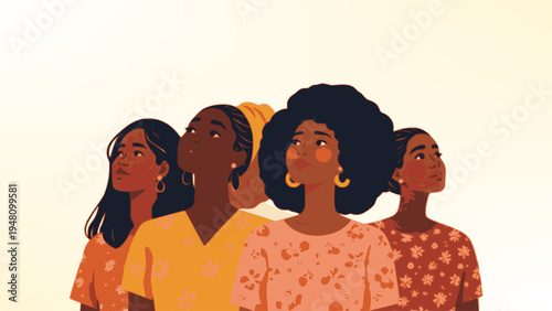 Women's day. Vector illustration of four women of different cultures and nationalities standing together and looking up. Feminism, freedom. Movement for gender equality women's empowerment
