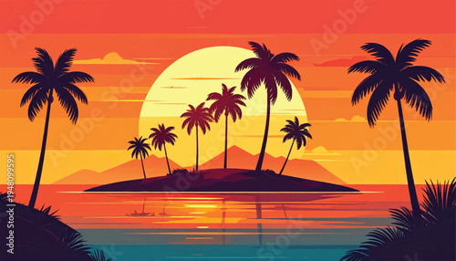 Retro island sunset with bold orange stripes and palm shadows. Graphic tropical vista featuring bright disc and distant mountains. Striking seaside artwork with vivid bands and mirrored glow. 
