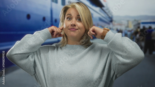 Bilde på lerret Blonde woman wearing a grey sweater covers ears with both hands beside a docked boat on street; irritation