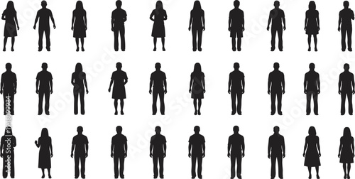 Grid of twenty‑five diverse human silhouettes arranged in five rows, showcasing variations in posture, clothing, and body shapes for anatomy, design, fashion, and diversity studies