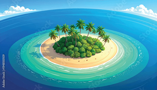 Round tropical islet surrounded by clear water and bright sand. Small palm oasis floating in turquoise sea under open sky. Remote circular beach island with lush foliage and calm waves. 