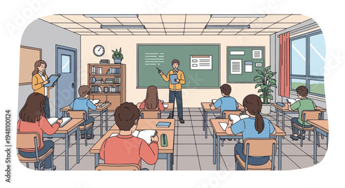 Classroom scene with teacher instructing students at desks, learning and education concept
