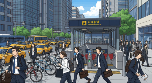 Busy City Street with Subway Entrance, Commuters, Taxis, and Bicycles
