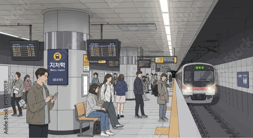 People waiting for subway train at station platform, urban transit scene