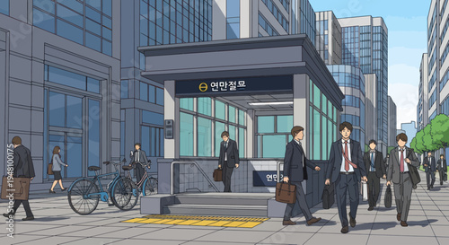 Commuters in suits exiting metro station on a sunny day in a modern city street.