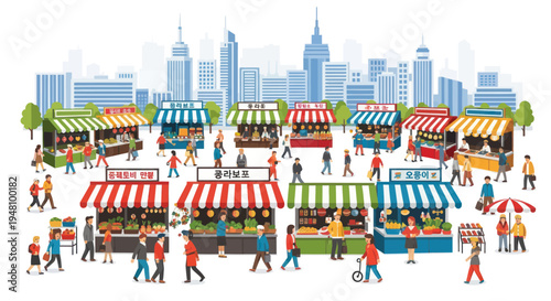 Bustling Outdoor Market with Stalls and Shoppers in a Cityscape