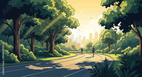 Sunny park path with cyclists and cityscape background