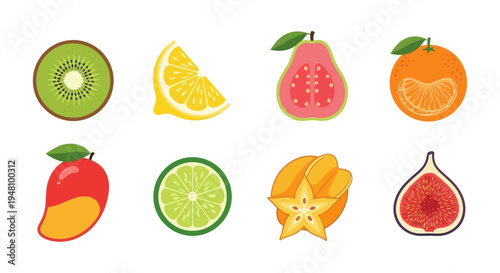 Assorted colorful fruits slices and halves
