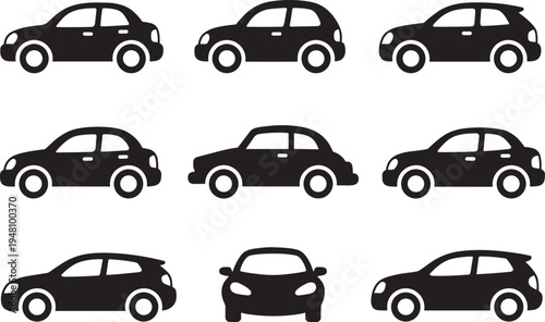Set of 9 car silhouette icons featuring diverse vehicle styles including sedan, hatchback, and compact designs, ideal for automotive graphics, decor, and creative projects