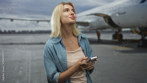 Photography Woman holding smartphone with hands and head tilted upward on airport tarmac beside airplane in casual denim shirt; quiet anticipation