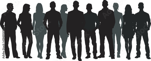 Set of 10 standing people silhouette icons featuring diverse male and female figures in casual and professional postures, ideal for teamwork, demographics, and creative design projects