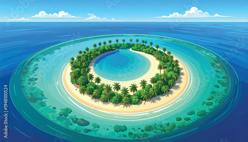 Ring atoll enclosing a vivid lagoon with palms and ivory sand. Circular coral formation wrapped by shallow water and ocean. Exotic marine reserve featuring a perfect lagoon and tree belt. 