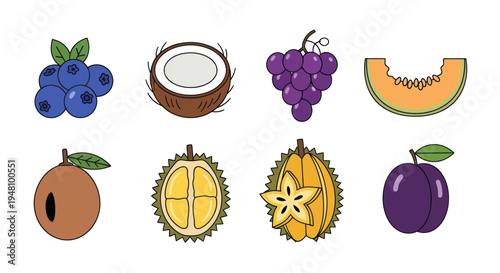 Assorted tropical fruit icons on white