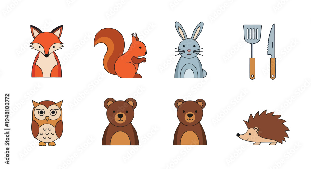 Fototapeta premium Cartoon forest animals and kitchen utensils