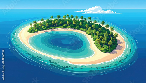 Oval atoll with broad lagoon bordered by dense tropical palms. Expansive island ring featuring serene water and creamy beach. Coastal enclosure with vivid shallows, trees, and open ocean. 