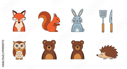 Cartoon forest animals and kitchen utensils