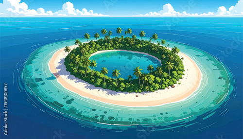 Circular oasis island with inner lake, palms, and pale shore. Botanical atoll scene featuring enclosed water and sandy edge. Lush tropical ring surrounding a tranquil basin in open sea. 