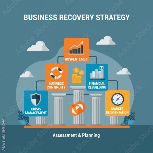 Visual representation of a business recovery strategy, outlining key components like crisis management, business continuity, financial rebuilding, and market repositioning.