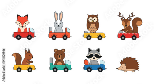 Cartoon forest animals in toy vehicles