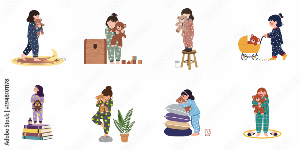 Fototapeta premium Cute illustration set featuring a young girl in various pajamas playing with her teddy bear and engaging in cozy bedtime activities.