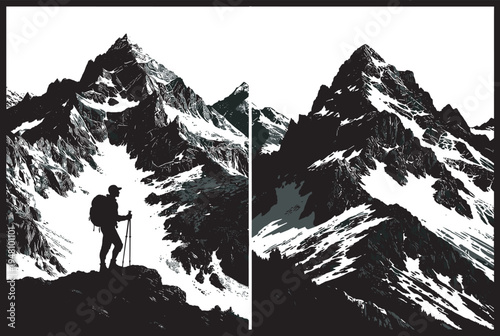 Silhouette artwork of hiker with backpack gazing at snow‑covered mountain peaks, symbolizing adventure, exploration, nature, wilderness, travel, outdoor lifestyle, and inspirational landscape 