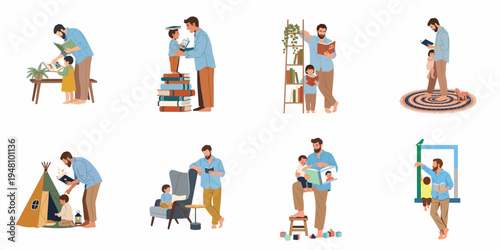 A collection of vector illustrations showing a father reading stories and bonding with his children in various cozy home settings.