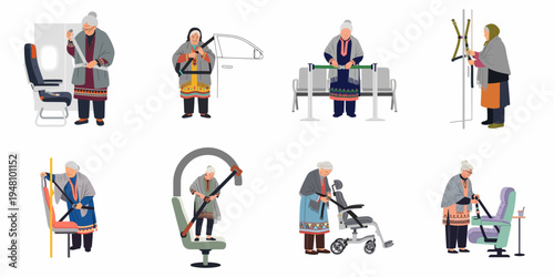 Set of vector illustrations featuring an elderly woman securing seatbelts and safety straps across various modes of transportation and travel for passenger safety.