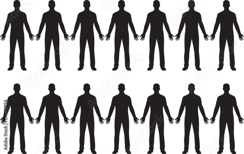 Silhouette illustration of group of people standing in rows holding hands, symbolizing unity, teamwork, social connection, diversity, community support, and collective harmony in design