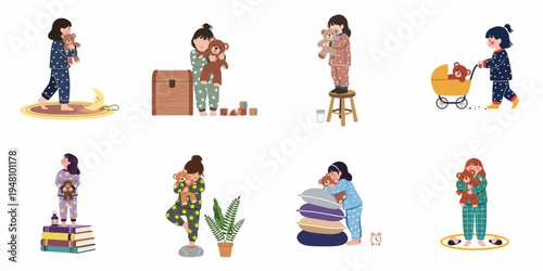 Cute illustration set featuring a young girl in various pajamas playing with her teddy bear and engaging in cozy bedtime activities.