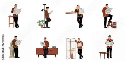 Set of vector illustrations of a mature Indonesian man wearing a batik shirt reading a newspaper in various indoor settings and poses.