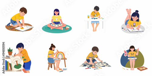 Collection of cute children engaged in various creative activities like drawing and coloring at home or school