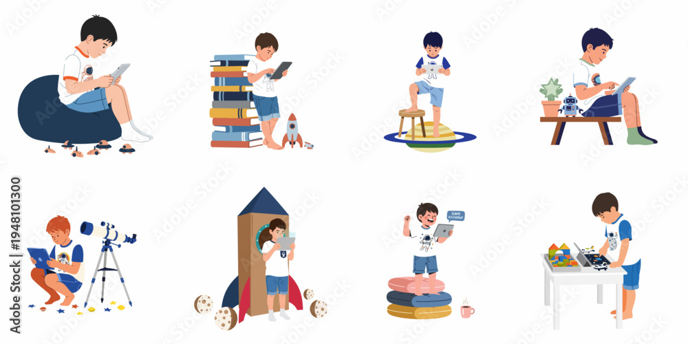 Fototapeta premium Set of eight illustrations featuring a young boy engaging with a digital tablet amidst various space-themed educational and play scenarios.
