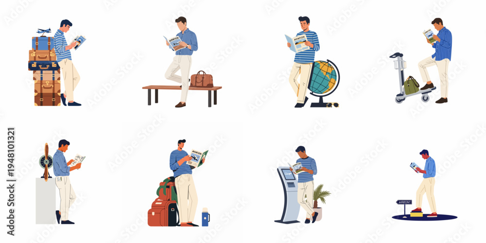 Fototapeta premium Collection of flat vector illustrations featuring a stylish male passenger reading magazines in different airport scenes with luggage and travel gear.