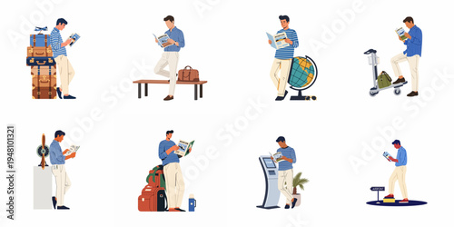 Collection of flat vector illustrations featuring a stylish male passenger reading magazines in different airport scenes with luggage and travel gear.