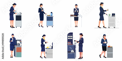 Flat vector illustration collection of professional flight attendants in blue uniforms providing onboard food and beverage services with trolleys and trays.
