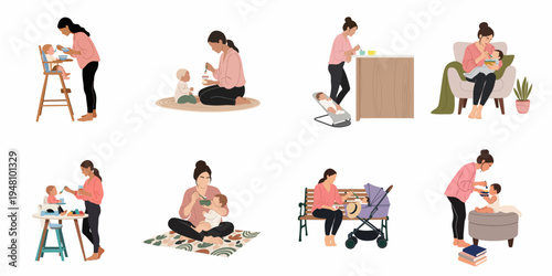 A collection of flat illustrations showing mothers feeding their babies and toddlers in various daily settings, including high chairs, strollers, and floors.