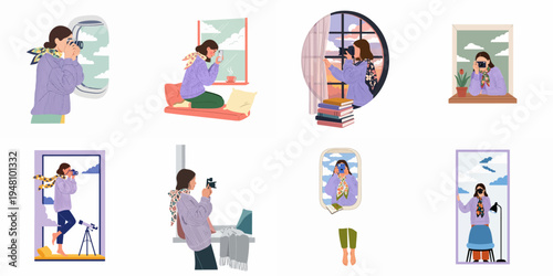 Set of illustrations depicting a young woman capturing scenic views and reflections using her camera and smartphone in various indoor and travel environments.