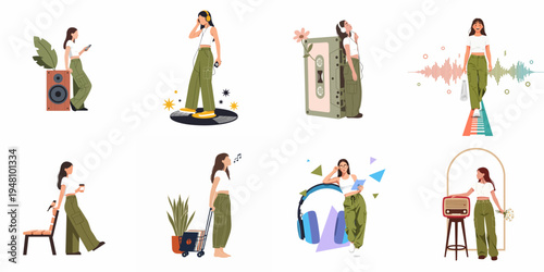 Vector illustration set of a stylish young woman interacting with various music elements including vinyl records, cassette tapes, headphones, and vintage radios.