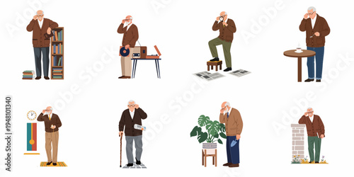 Illustration set of an elderly man enjoying various activities like reading books, listening to music, gardening, and drinking coffee during retirement.