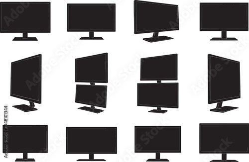 Silhouette illustration of twelve computer monitors in grid layout, showing different orientations and setups, ergonomic workspace design reference for technology, product comparison, and office 