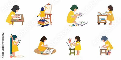 Set of cute illustrations featuring a young girl in a yellow dress engaged in various creative activities like drawing, painting, and coloring.