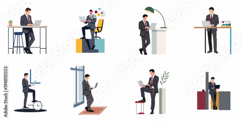 Set of Eight Flat Vector Illustrations of a Businessman Working on a Laptop in Various Modern Office Settings and Postures