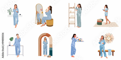 Set of flat illustrations featuring a woman in blue pajamas performing various skincare and self-care routines in modern home interior settings.