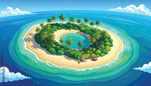 Horseshoe atoll embracing a quiet lagoon with palms and sand. Open coral island curve bordered by surf, shrubs, and sea. Crescent tropical formation with inner water and sunny beach. 