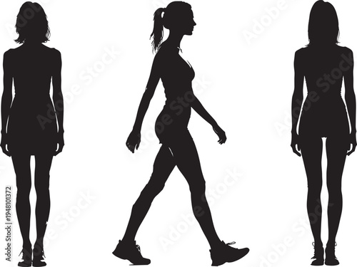 Silhouette illustration of woman standing and walking with ponytail, athletic shoes, human posture and movement concept for biomechanics, fitness, animation, exercise, and motion studies