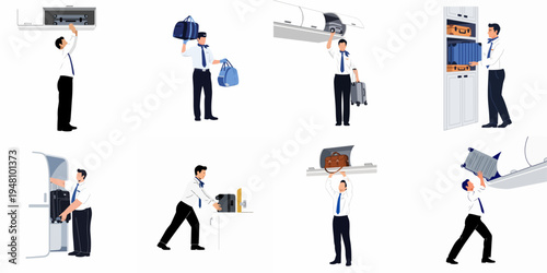 Collection of illustrations showing male flight attendants and airline staff handling luggage, carry-on bags, and overhead bins in an aircraft setting.