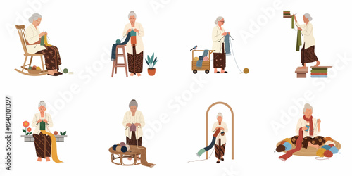 Set of Illustrations Showing an Elderly Woman in Traditional Clothing Engaging in Knitting and Crafting Activities in Various Poses